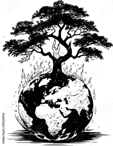Burning tree on shattered globe. Monochrome engraving with apocalyptic symbolism.