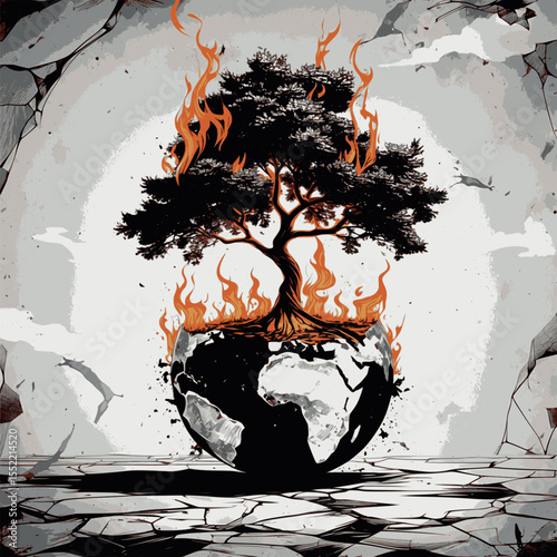Burning tree on shattered globe. Monochrome engraving with apocalyptic symbolism.