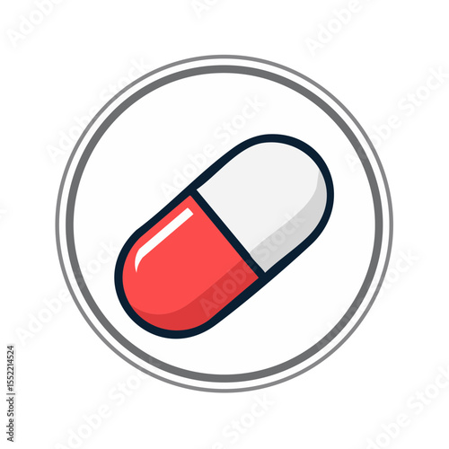Red and White Pill Inside White Circle with Shadow for Medical or Pharmaceutical Concept Art