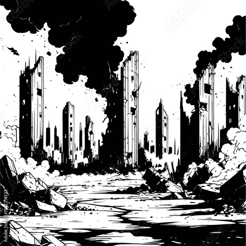 Post-apocalyptic cityscape in monochrome. Ruined skyline with smoke and cracked ground.
