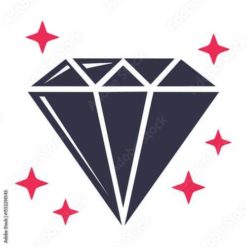 Shiny Gem Illustration of a Diamond with Red Star Bursts Against Black Backdrop. Valuable stone Icon for Design Elements.
