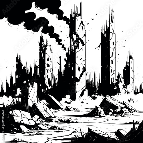 Post-apocalyptic cityscape in monochrome. Ruined skyline with smoke and cracked ground.