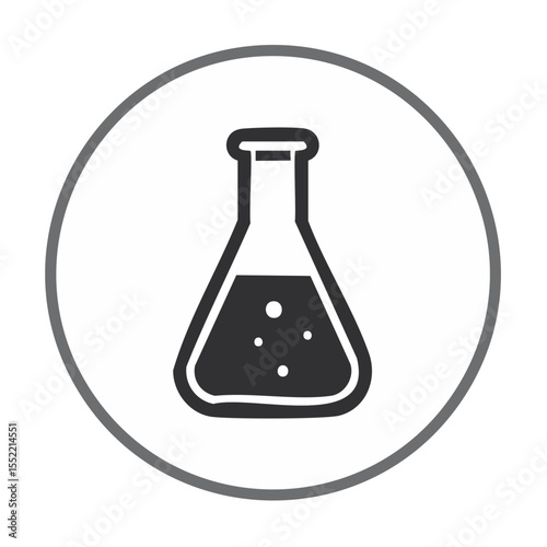 Erlenmeyer flask icon with liquid and bubbles in a circle, science laboratory equipment