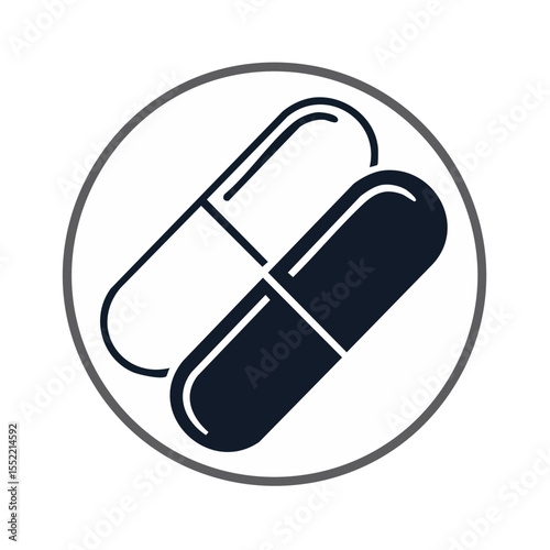 Two pills in white circle with black background. Capsule drugs for healthcare