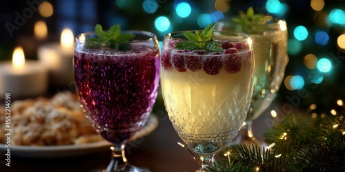 Festive drinks with fresh garnishes on a beautifully decorated table during a holiday gathering