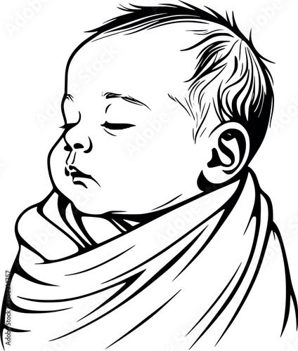 Swaddled baby sleeping outline vector. Line art of peaceful infant.