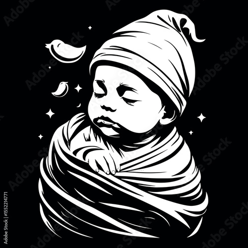 Swaddled baby sleeping outline vector. Line art of peaceful infant.