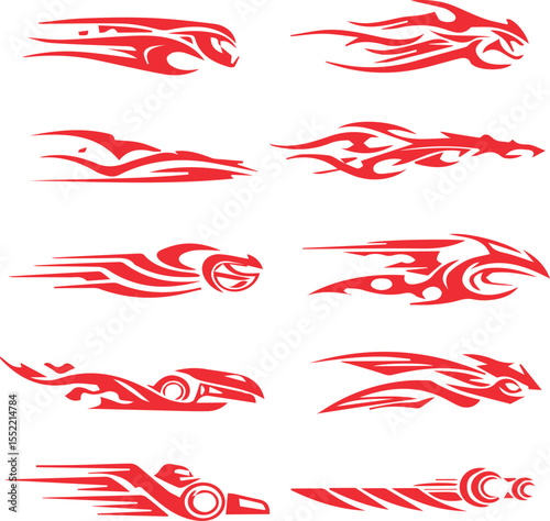 Collection of ten dynamic red tribal flame and abstract racing stripe decals for vehicle customization and sports graphics