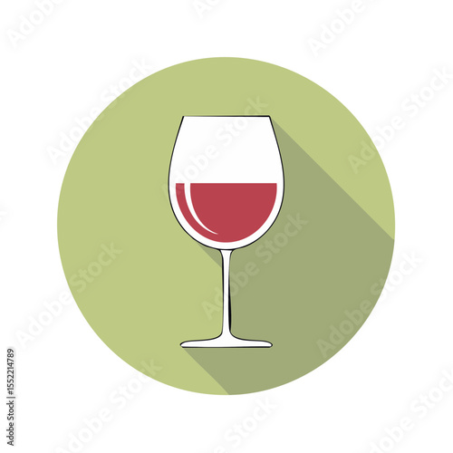 Elegant Wine Glass Icon Filled with Red Wine on Olive Background with Long Shadow Design