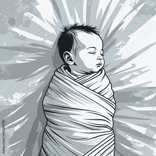 Swaddled baby sleeping outline vector. Line art of peaceful infant.