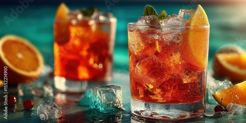 Refreshing summer cocktails with ice and citrus on a vibrant beachside table