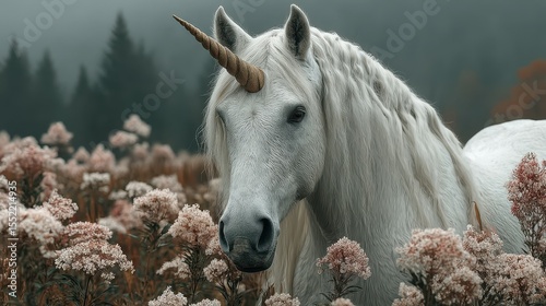 Majestic unicorn standing among a field of soft pink flowers in a misty forest setting