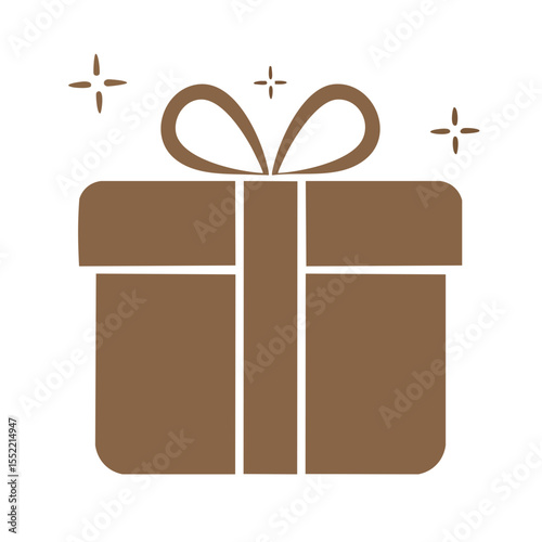 Graphic image of a gift box with a ribbon and sparkles. Brown gift box with ribbon design on a black background