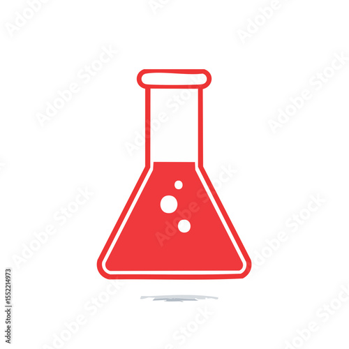 Red science flask with bubbles in a black background with white space above liquid