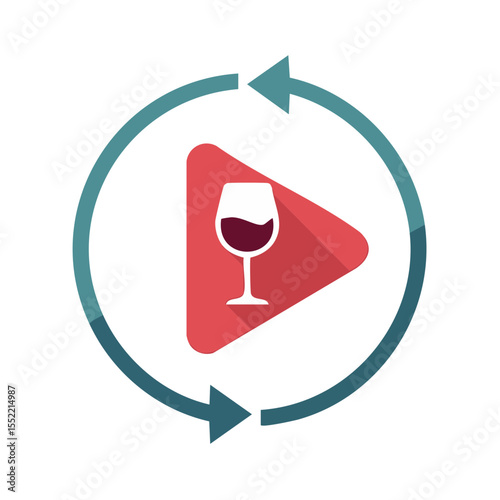 Wine Streaming App Red Triangle Play Button Glass of Red Wine with Blue Circular Arrows