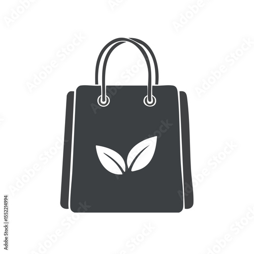 Eco-friendly Shopping Bag Icon with Leaves Silhouette on Black Background