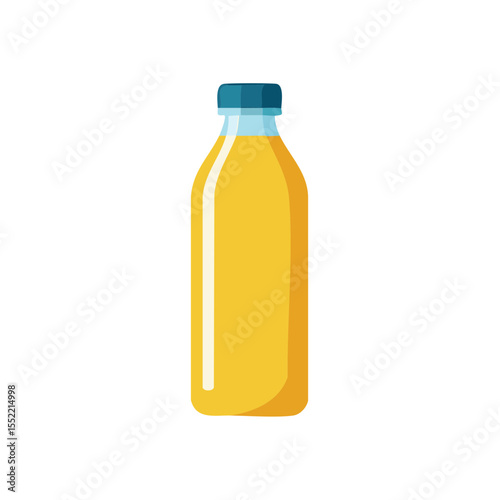Bottle filled with yellow liquid, container with refreshing beverage illustration on black backdrop
