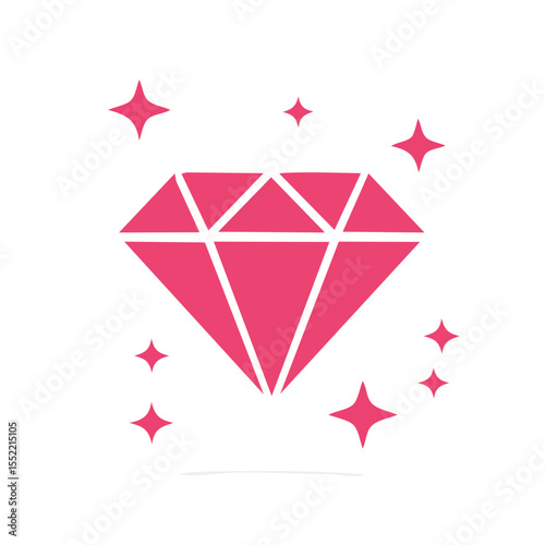 Sparkling pink diamond on black background. Precious gem with stars design. Luxury, wealth, jewelry, and glamour illustration for graphics and design.