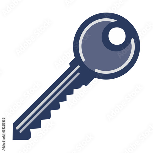 Isolated dark blue metal key illustration. Opening concept for security, encryption, privacy and safety access, lock protection and house ownership.
