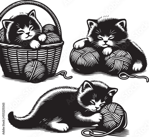 Three adorable kittens play with yarn in charming woven baskets, creating a heartwarming and playful feline scene.