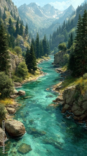 Tranquil river winding through lush green forest and majestic mountains under clear sky