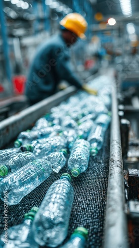 Bottles moving on conveyor belt in recycling facility during daytime processing
