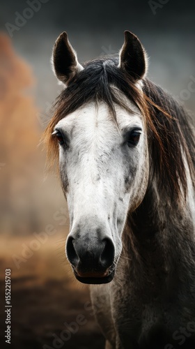 Majestic gray horse gazes into the distance in a serene autumn landscape with muted colors