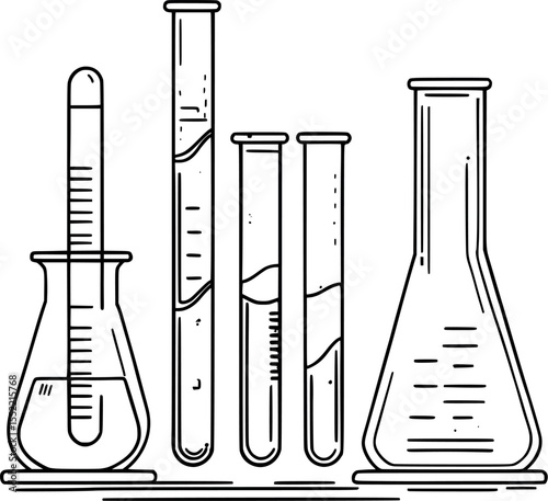 Chemical fluid outline illustration. Laboratory containers with liquid in black line style