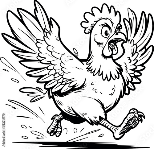 Funny outline of panicked running chicken cartoon sketch vector art