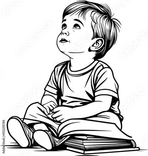 Child listening outline vector. Minimalist line art of a kid hearing a story or teacher