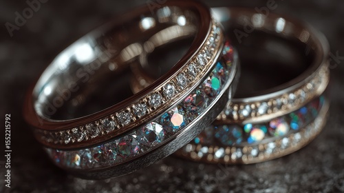 Elegant wedding rings displayed on a textured surface showcasing intricate designs and sparkling details