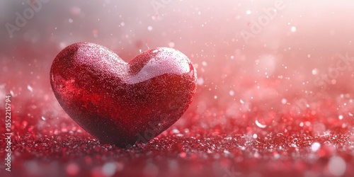 Shimmering red heart on a sparkling surface in a romantic setting
