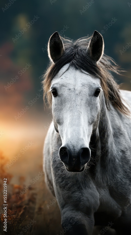 Obraz premium Majestic gray horse galloping through the autumn landscape during golden hour light