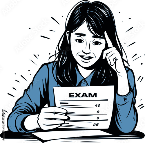 Student receiving exam results outline vector. Academic assessment reaction line illustration for educational content.