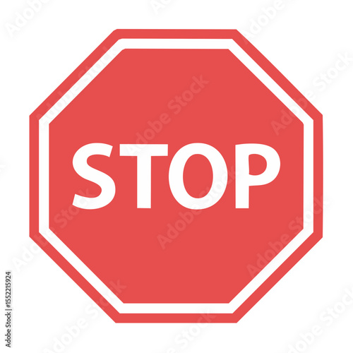 Red Octagon Stop Sign with White Border and Inscription Safety and Traffic Road Regulation Concept