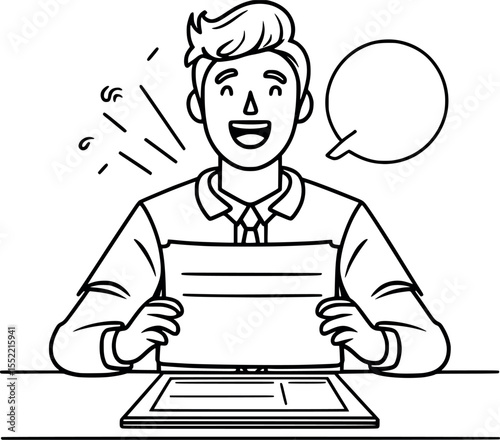 Student receiving exam results outline vector. Academic assessment reaction line illustration for educational content.