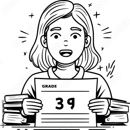 Student receiving exam results outline vector. Academic assessment reaction line illustration for educational content.