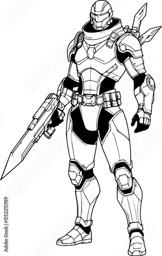 Futuristic warrior outline. Minimal concept sketch with armor and energy weapon.