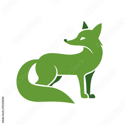 Fox illustration standing in green on black background. Simple animal graphic for print or web. Vector design with pointed ears and bushy tail.