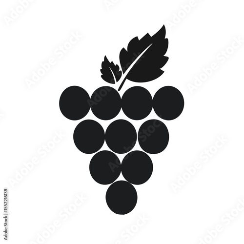 Silhouette illustration of a dark grapes bunch with leaves on a black background
