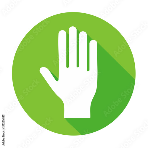 Hand raised in stop gesture on green circle with long shadow for web interface