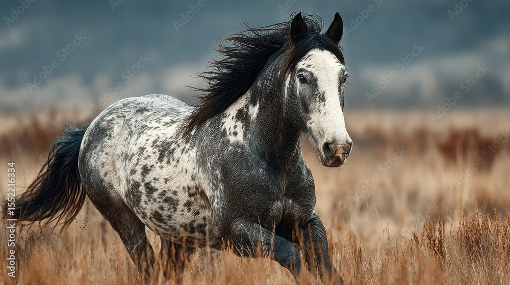 Fototapeta premium Majestic spotted horse galloping through open grassland during golden hour