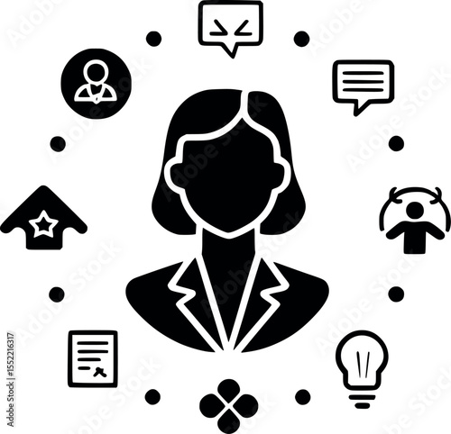 Women Empowerment Icons Outline Set with Professional and Leadership Symbols on Dark Burgundy Background for Gender Equality Campaigns