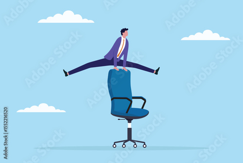 Vector illustration of a businessman energetically jumping over a chair, symbolizing agility, overcoming obstacles, adaptability, and swift progress in a competitive business environment
