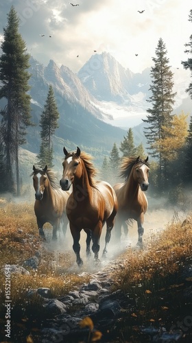 Horses running through a misty forest with mountains in the background during early morning light