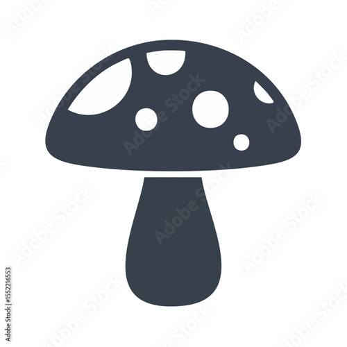 Illustration of a blue mushroom with white spots against a black background, icon, forest fungi