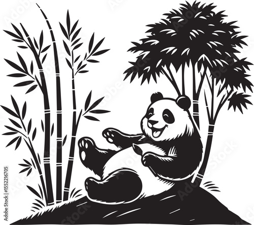 A cute panda bear illustration enjoys bamboo shoots while relaxing among the bamboo trees in a peaceful black and white design.