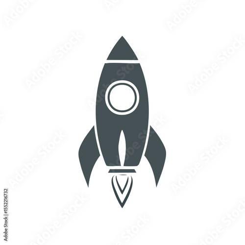 Stylized Rocket Ship Launching into Space on Black Background Single Icon Graphic Futuristic Spaceship for Children's Designs