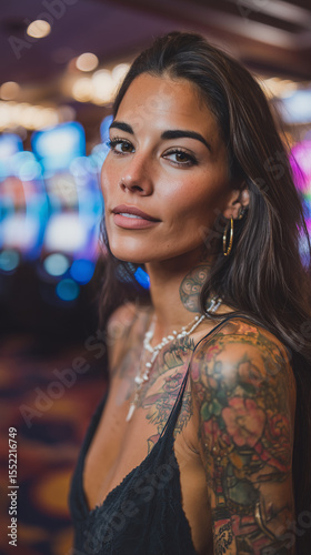 Confident woman with long dark hair and tattoos poses in a vibrant casino with colorful slot machines in the background during an exciting evening