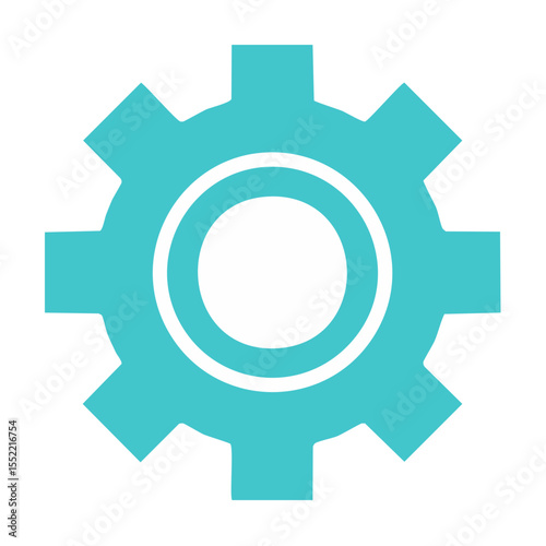 Turquoise gear wheel with white circle design on black background representing settings or mechanic concepts